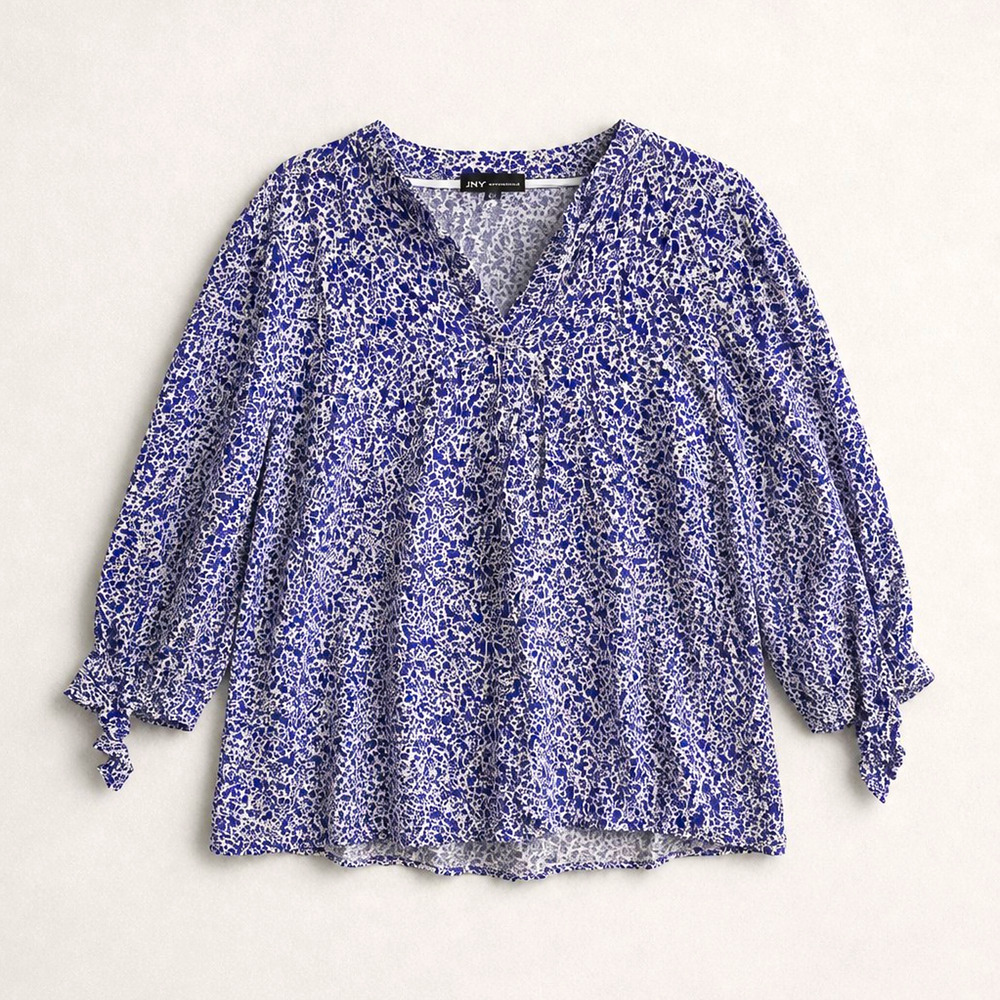 JNY Plus-Size Blue White Floral V-Neck 3/4 Sleeve Tunic Blouse 1X